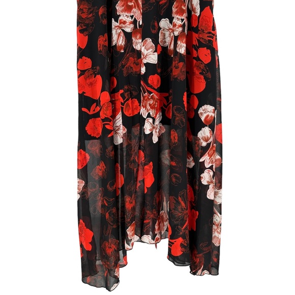 Red Black Floral Short Sleeve Tie Neck Maxi Dress size 14 NWT - Picture 8 of 11